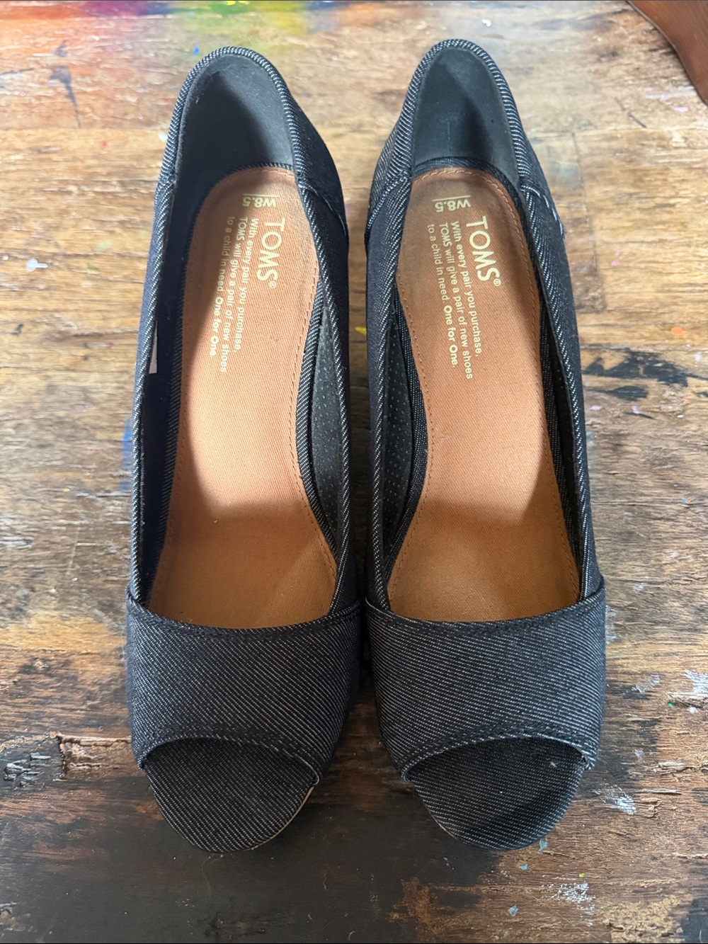 TOMS Black Canvas Peep-Toe Heels